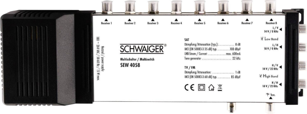 Schwaiger SAT Multischalter SEW4058 Eingänge (Multischalter): 5 (4 SAT/1 terrestrisch) Teilnehmer-A Schwaiger SAT Multischalter SEW4058 Eingänge (Multischalter): 5 (4 SAT/1 terrestrisch) Teilnehmer-A